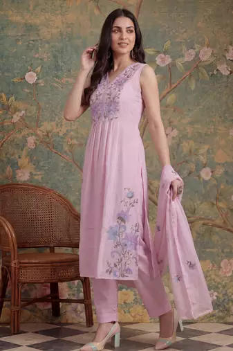 pink mull chanderi have a lining pleated kurta dupatta pant set