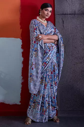 Blue cotton crepe geometrical printed saree