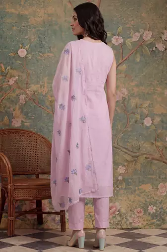 pink mull chanderi have a lining pleated kurta dupatta pant set