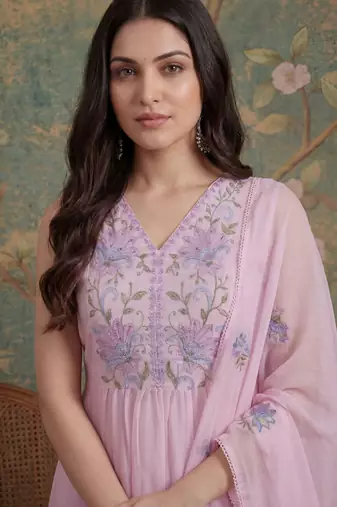 pink mull chanderi have a lining pleated kurta dupatta pant set