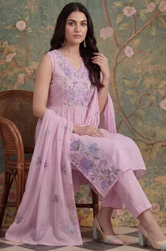 pink mull chanderi have a lining pleated kurta dupatta pant set