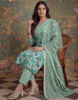 sea green cotton plus straight sequins work kurta pant dupatta set 1