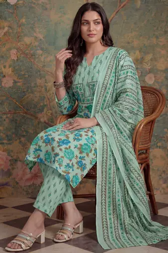 sea green cotton plus straight sequins work kurta pant dupatta set