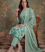 sea green cotton plus straight sequins work kurta pant dupatta set