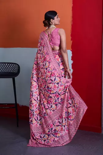 Pink cotton crepe geometrical printed saree