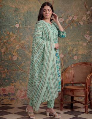 sea green cotton plus straight sequins work kurta pant dupatta set 2