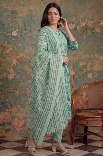sea green cotton plus straight sequins work kurta pant dupatta set