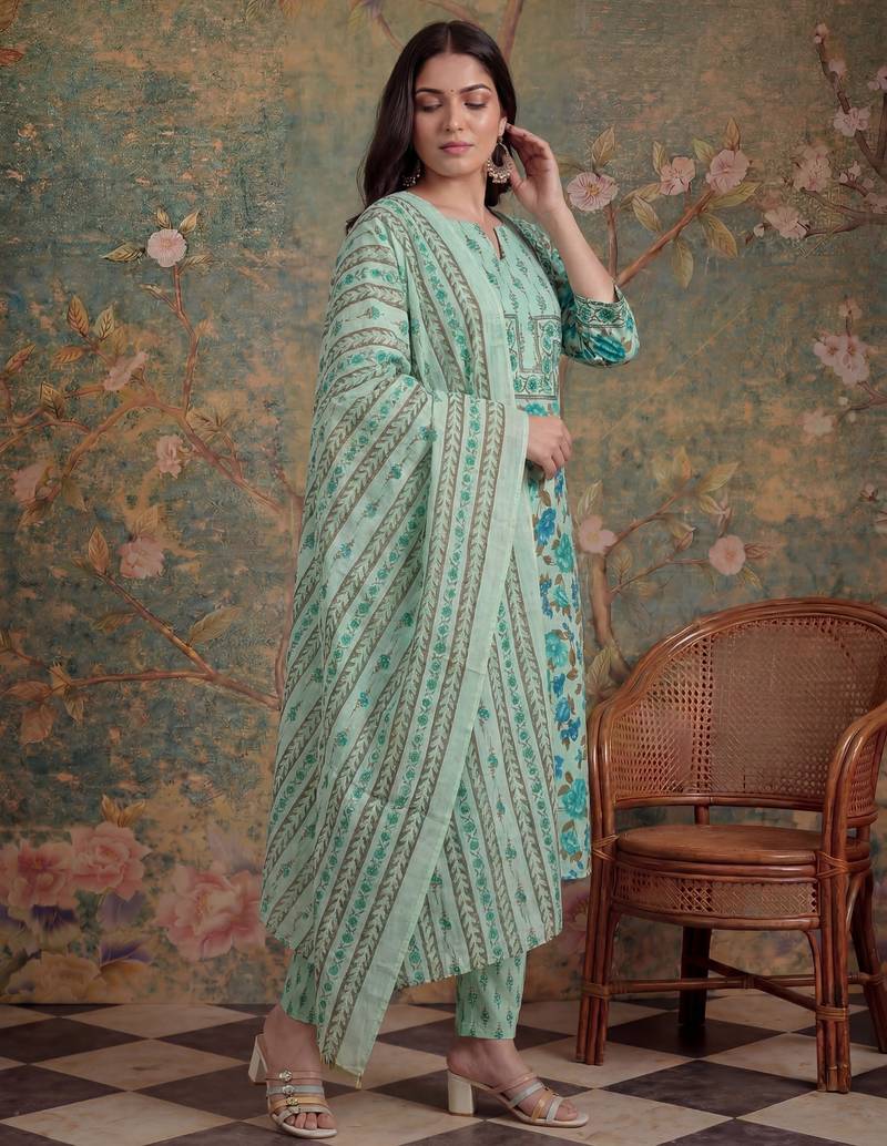 sea green cotton plus straight sequins work kurta pant dupatta set