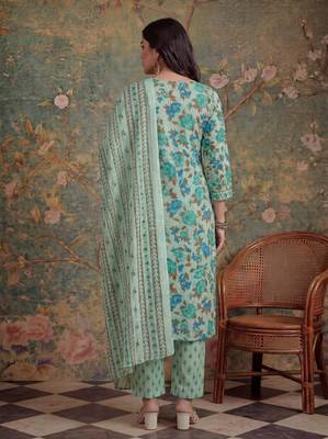 sea green cotton plus straight sequins work kurta pant dupatta set 3