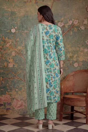 sea green cotton plus straight sequins work kurta pant dupatta set