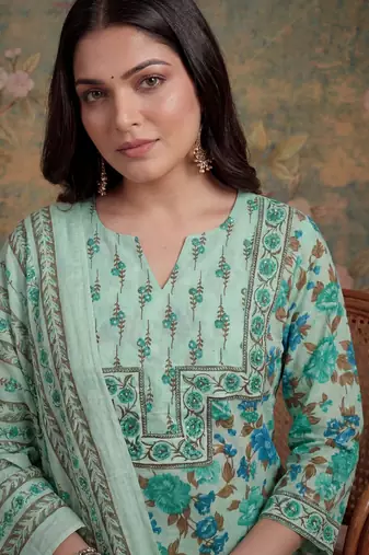 sea green cotton plus straight sequins work kurta pant dupatta set