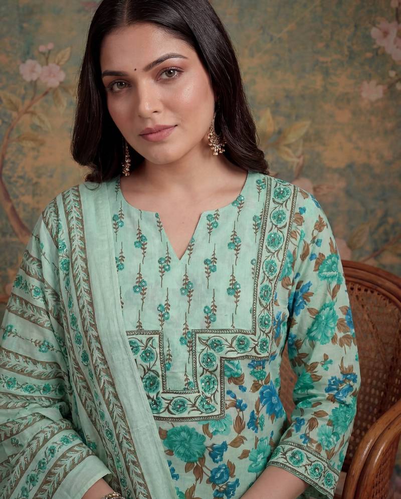sea green cotton plus straight sequins work kurta pant dupatta set