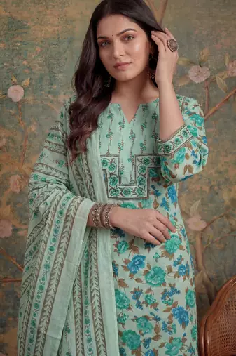 sea green cotton plus straight sequins work kurta pant dupatta set