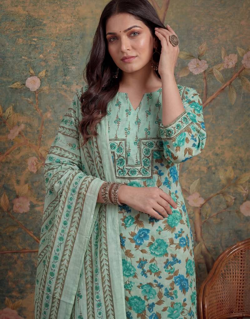 sea green cotton plus straight sequins work kurta pant dupatta set