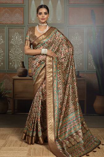 Brown silk blend floral printed saree