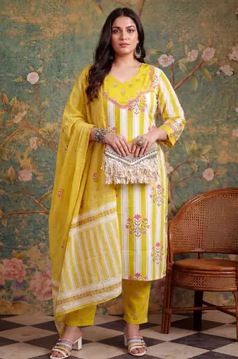 lime green cotton plus straight kurta pant dupatta set