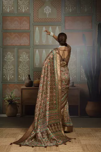 Brown silk blend floral printed saree