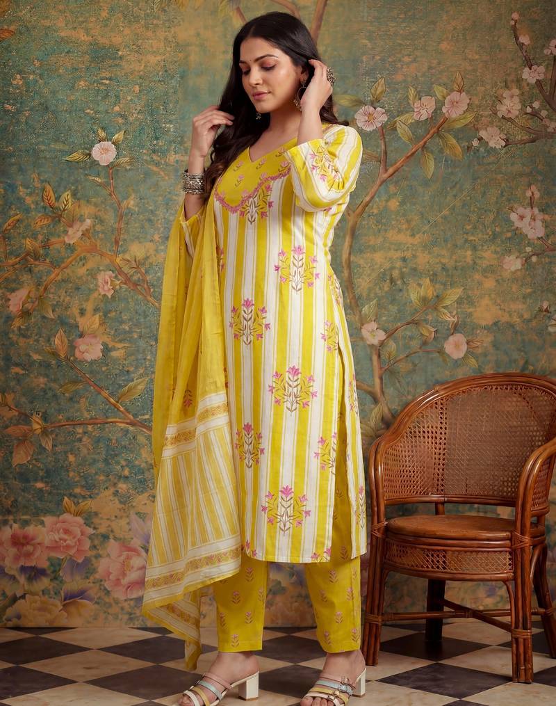 lime green cotton plus straight kurta pant dupatta set