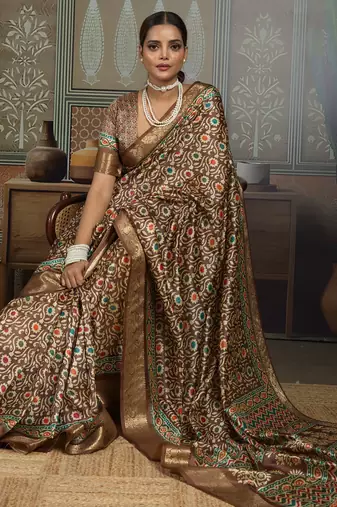 Brown silk blend floral printed saree