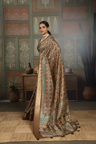 Brown silk blend floral printed saree