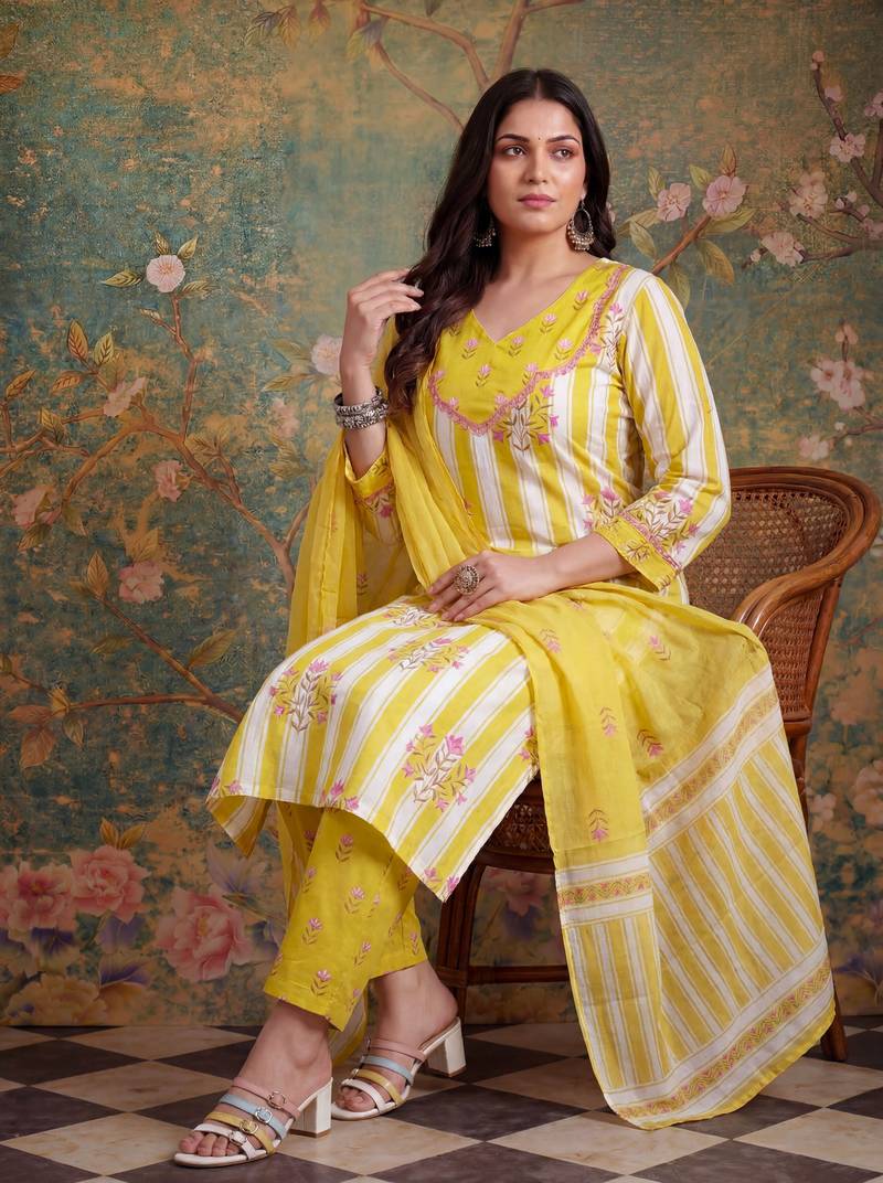 lime green cotton plus straight kurta pant dupatta set