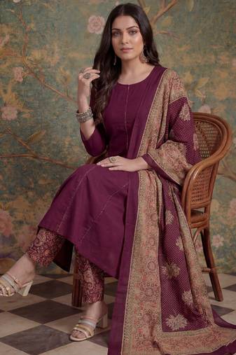 burgundy cotton a-line patch work pluse size kurta pant dupatta set