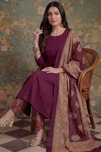 burgundy cotton a-line patch work pluse size kurta pant dupatta set