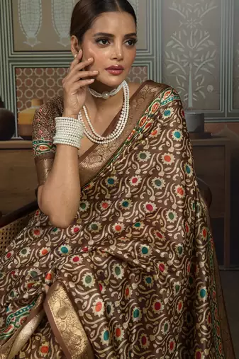 Brown silk blend floral printed saree