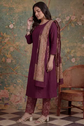 burgundy cotton a-line patch work pluse size kurta pant dupatta set