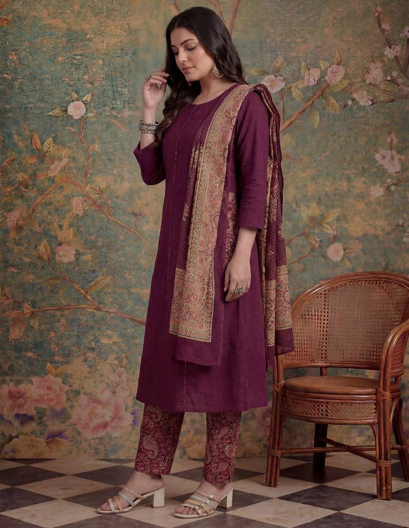 burgundy cotton a-line patch work pluse size kurta pant dupatta set