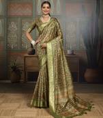Green silk blend floral printed saree