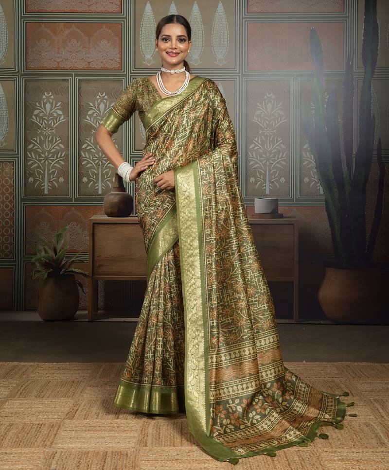 Green silk blend floral printed saree