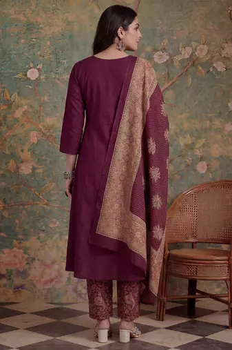 burgundy cotton a-line patch work pluse size kurta pant dupatta set