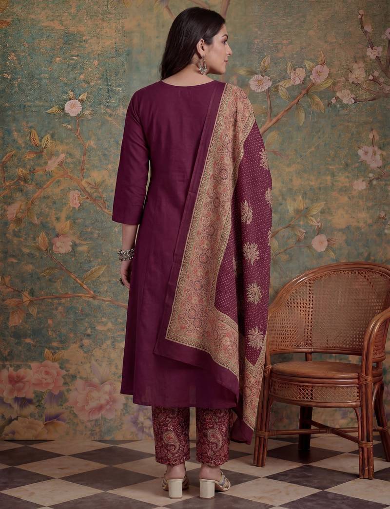 burgundy cotton a-line patch work pluse size kurta pant dupatta set