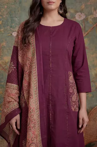 burgundy cotton a-line patch work pluse size kurta pant dupatta set