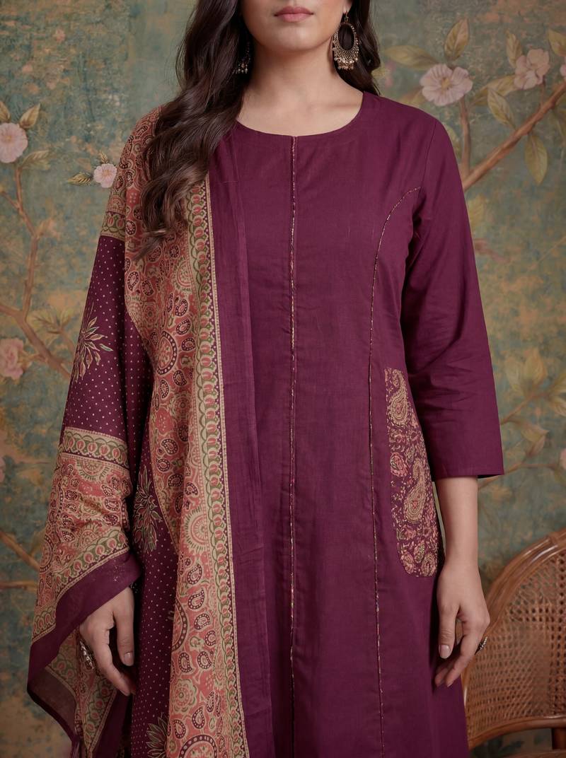 burgundy cotton a-line patch work pluse size kurta pant dupatta set