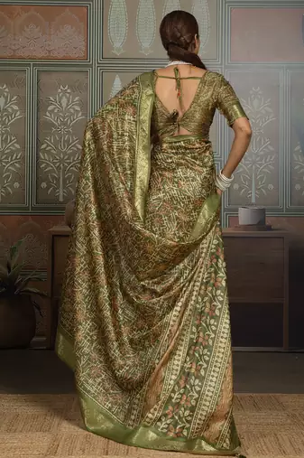 Green silk blend floral printed saree
