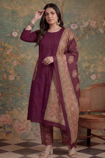 burgundy cotton a-line patch work pluse size kurta pant dupatta set