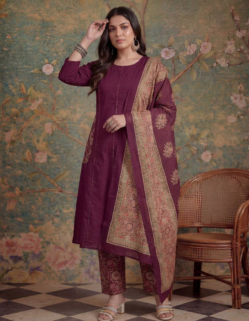 burgundy cotton a-line patch work pluse size kurta pant dupatta set