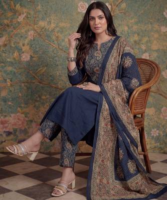 navy blue cotton a line patch work plus size kurta pant dupatta set 1