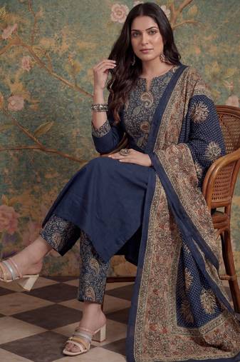 navy blue cotton a line patch work plus size kurta pant dupatta set