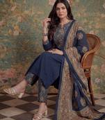 navy blue cotton a line patch work plus size kurta pant dupatta set