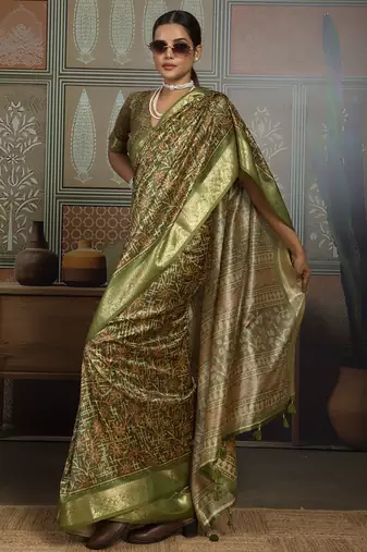 Green silk blend floral printed saree