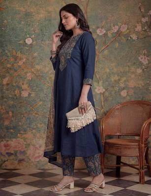 navy blue cotton a line patch work plus size kurta pant dupatta set 2