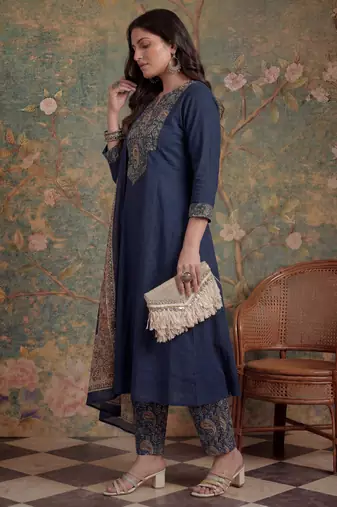 navy blue cotton a line patch work plus size kurta pant dupatta set