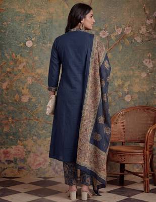 navy blue cotton a line patch work plus size kurta pant dupatta set 3