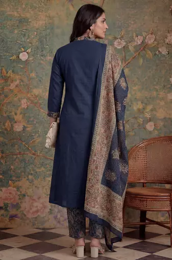 navy blue cotton a line patch work plus size kurta pant dupatta set