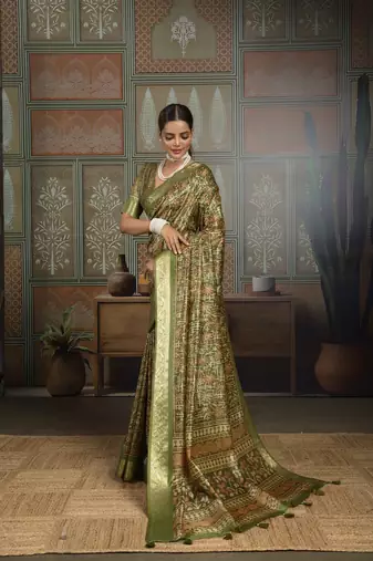 Green silk blend floral printed saree