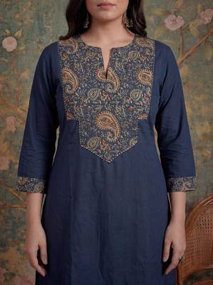 navy blue cotton a line patch work plus size kurta pant dupatta set 4