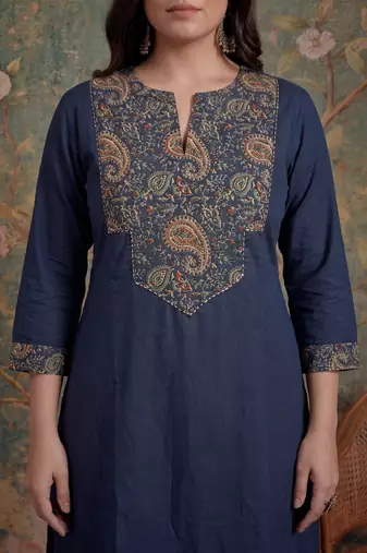 navy blue cotton a line patch work plus size kurta pant dupatta set
